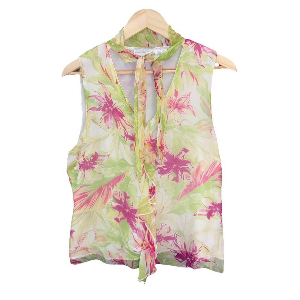 Silk Ruffle Tie Neck Beads Tank Top Sz 12 Pastel Pink Green Floral Romance Fairy